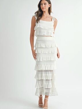 MARBLE White Tiered Ruffled Maxi Skirt Set